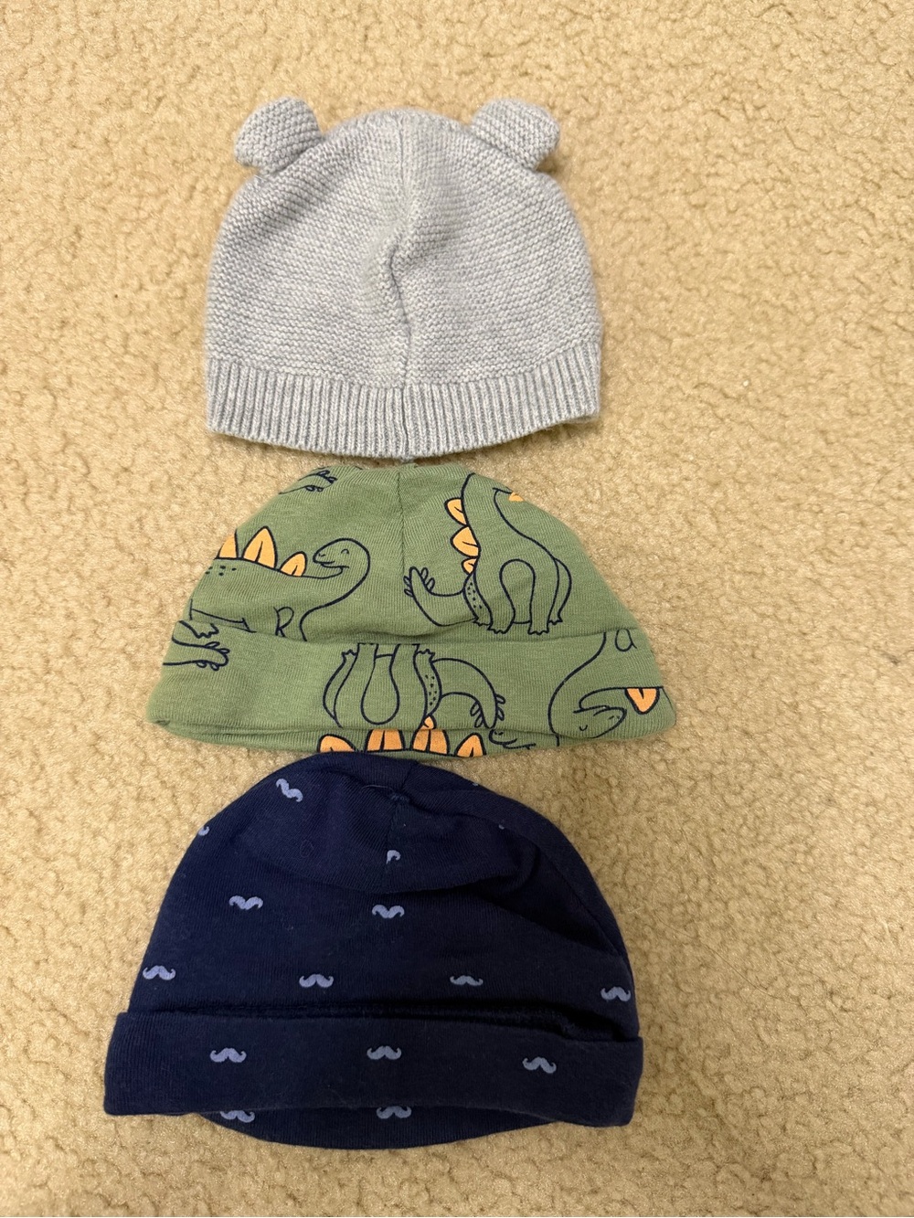 Carter's Baby Knit Bear-Ear Hat + Dino & Navy Beanie Set - Gray, Green, Blue